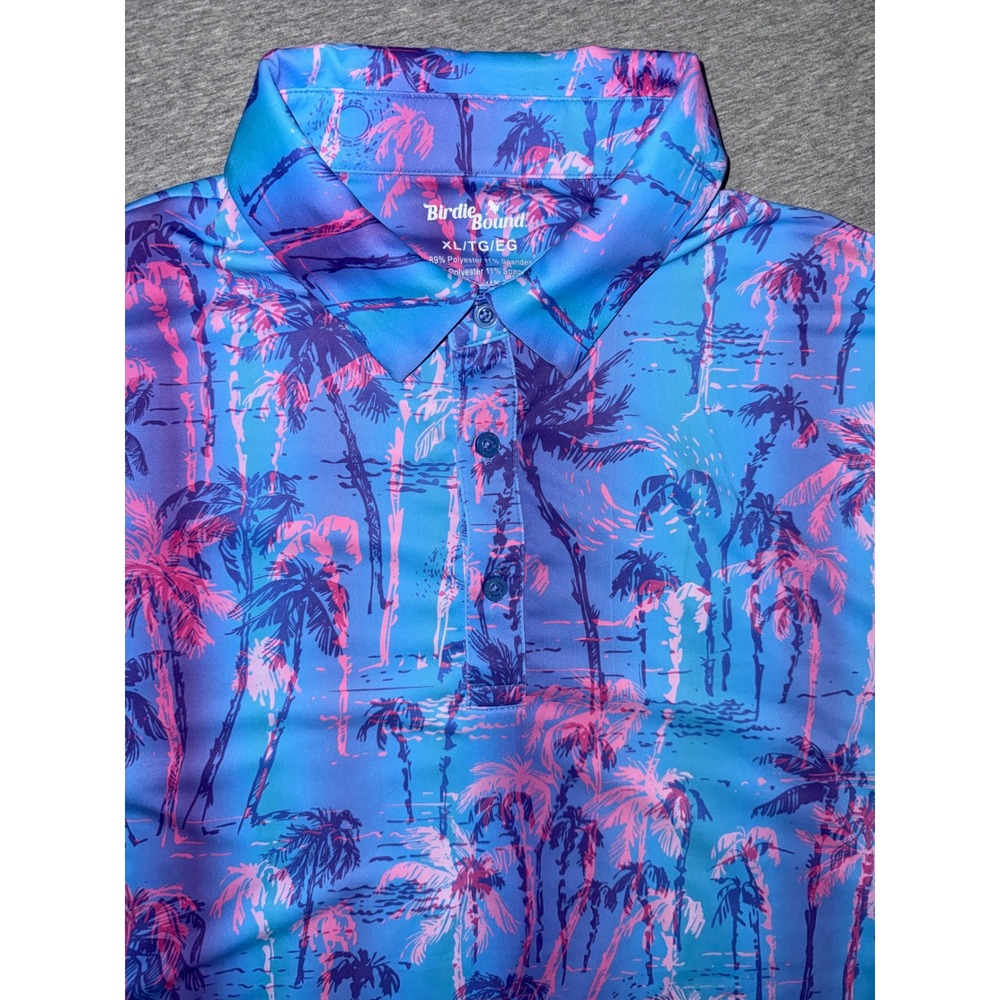 Birdie Bound Mens Performance Golf Shirt Palm Tree Tropical Blue Pink Size XL